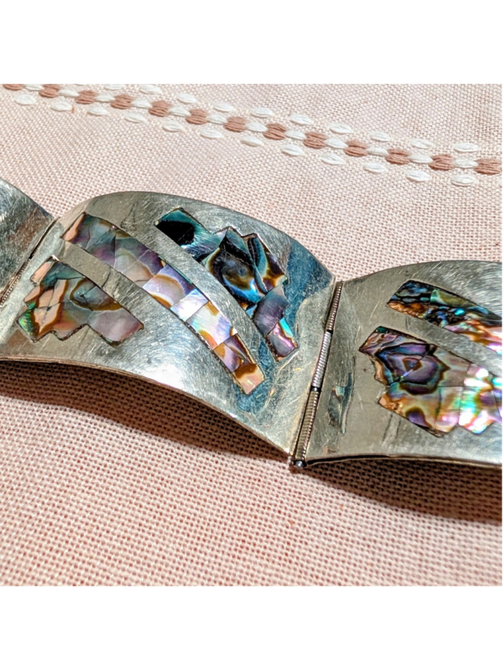 Vintage Taxco Mexico Abalone Shell Inlay Panel Bracelet Wide Statement Cuff MCM - Picture 3 of 9